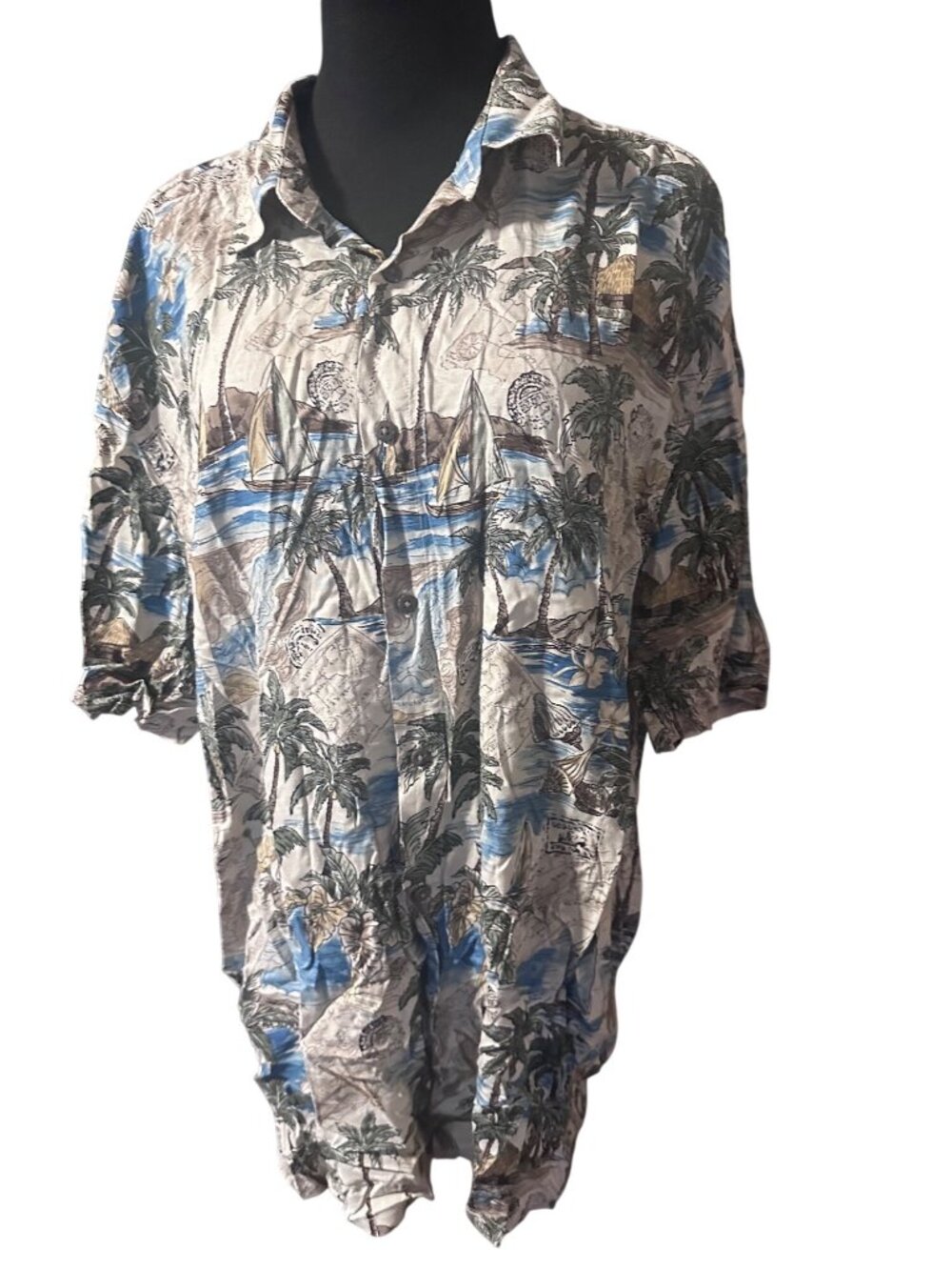 Island shores blue, tan and green button up island boat map shirt size XL